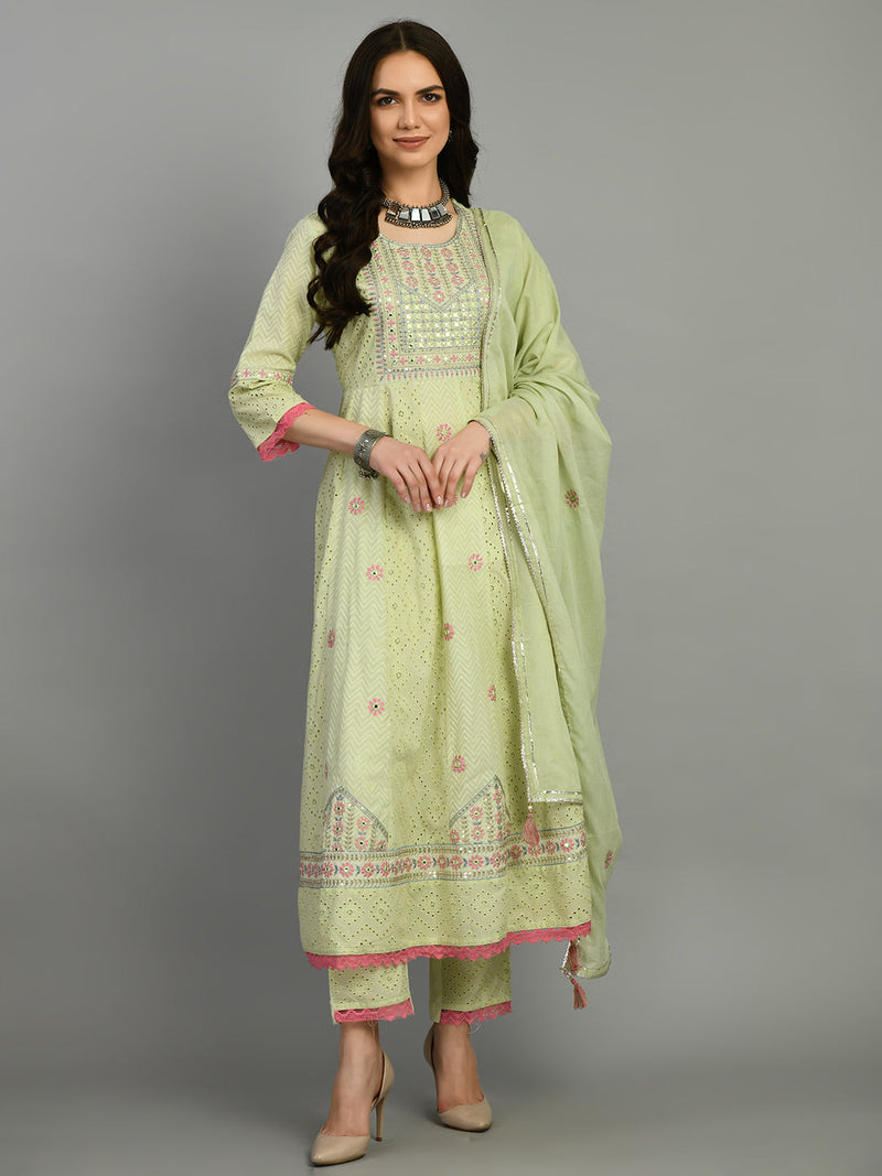 Cotton Schiffli Thread  and  Mirror Work Kurta,Pant  and  Dupatta
