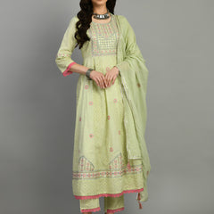 Cotton Schiffli Thread  and  Mirror Work Kurta,Pant  and  Dupatta