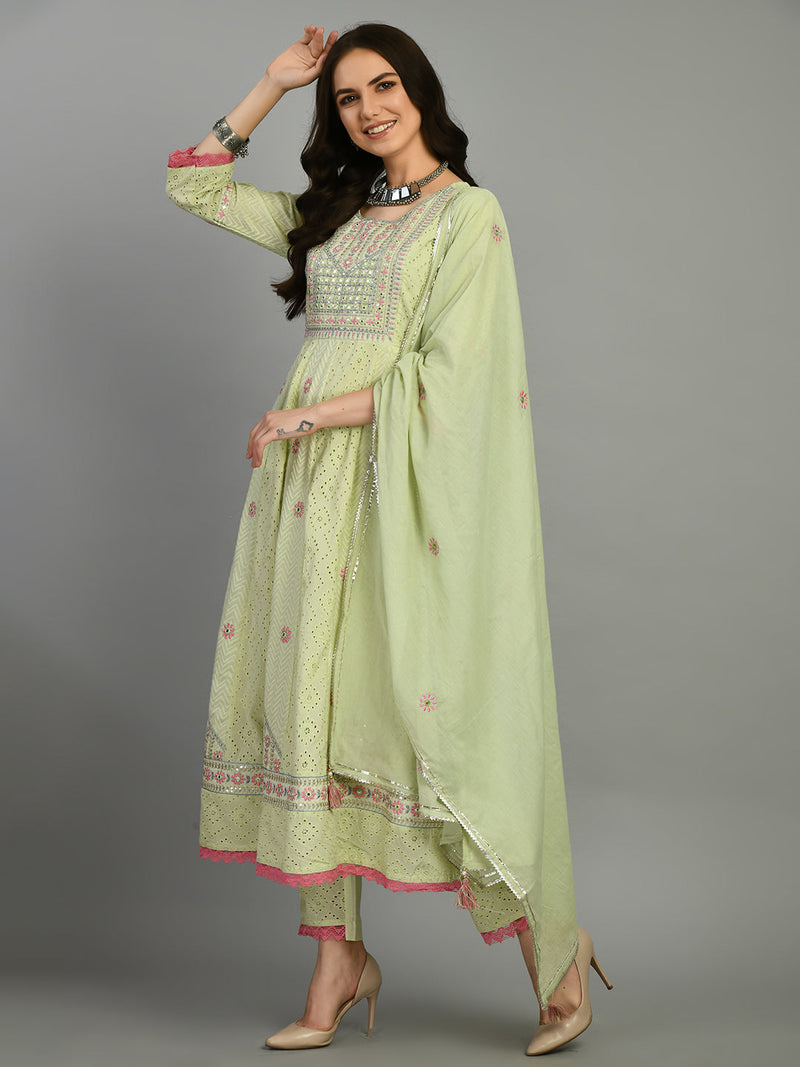Cotton Schiffli Thread  and  Mirror Work Kurta,Pant  and  Dupatta