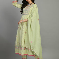 Cotton Schiffli Thread  and  Mirror Work Kurta,Pant  and  Dupatta