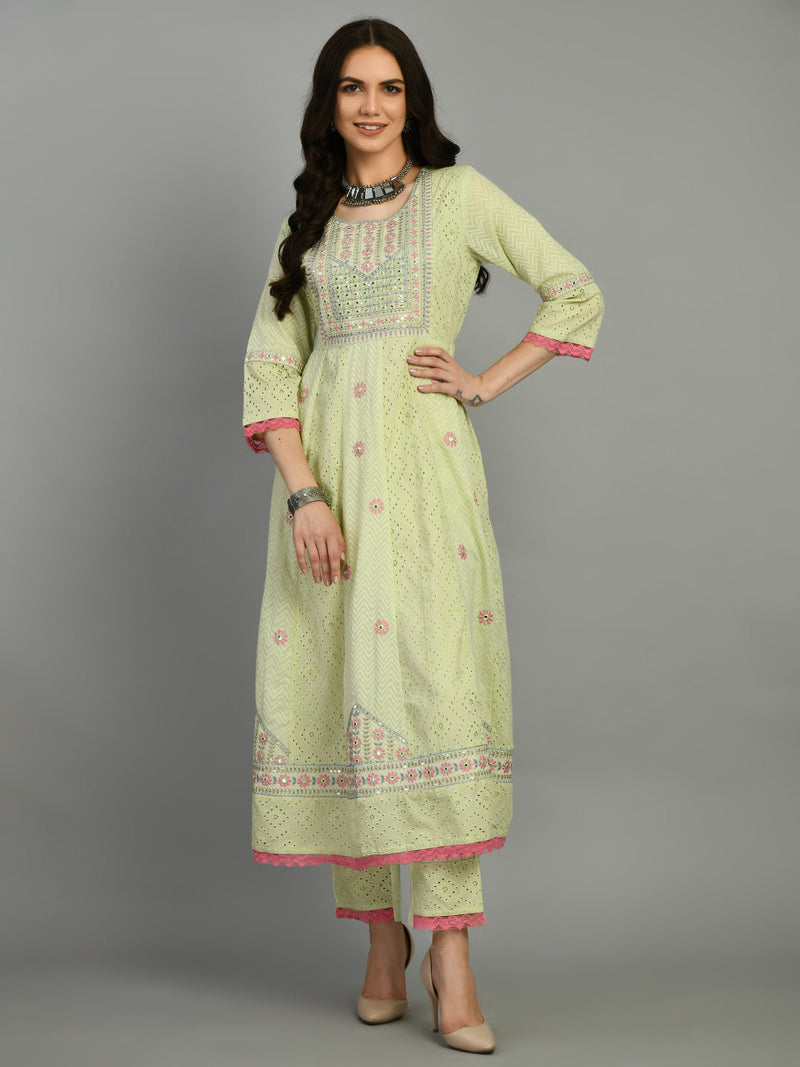Cotton Schiffli Thread  and  Mirror Work Kurta,Pant  and  Dupatta