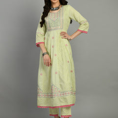 Cotton Schiffli Thread  and  Mirror Work Kurta,Pant  and  Dupatta