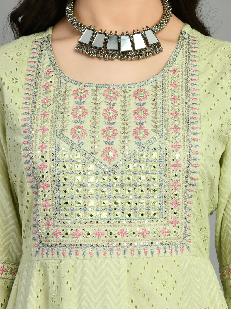 Cotton Schiffli Thread  and  Mirror Work Kurta,Pant  and  Dupatta