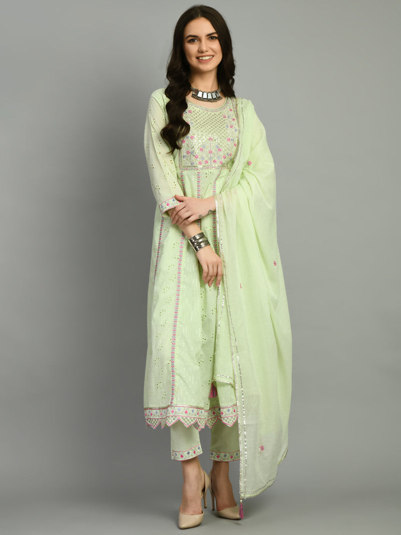 Cotton Schiffli Thread Work  and  Sequined Kurta,Pant  and  Dupatta