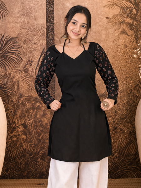 Black Ethnic Motif Printed Straight Kurti