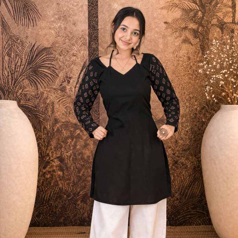 Black Ethnic Motif Printed Straight Kurti
