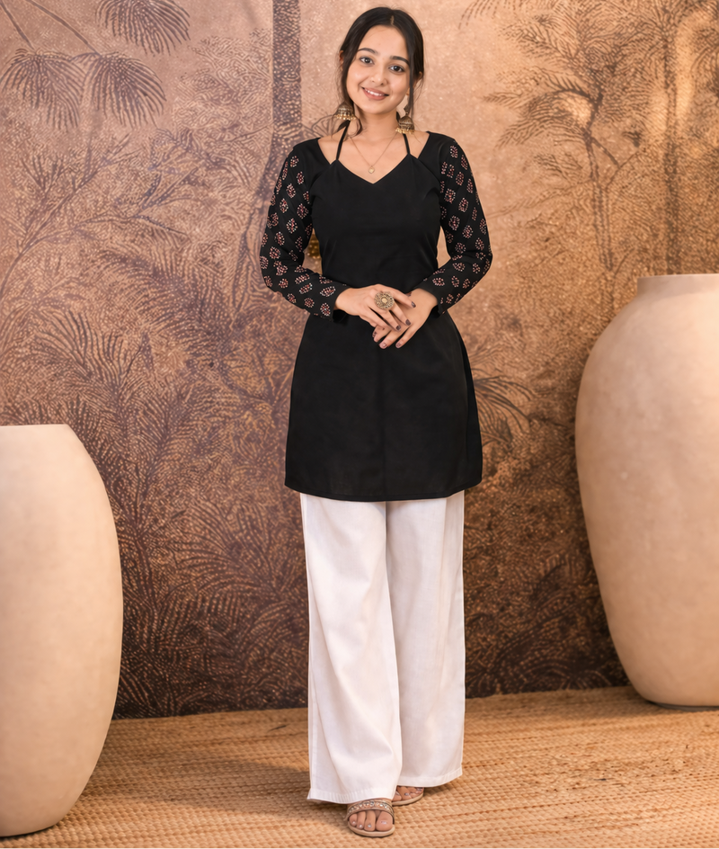 Black Ethnic Motif Printed Straight Kurti