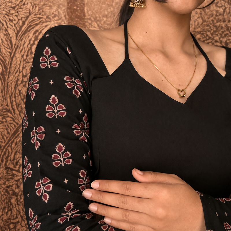 Black Ethnic Motif Printed Straight Kurti